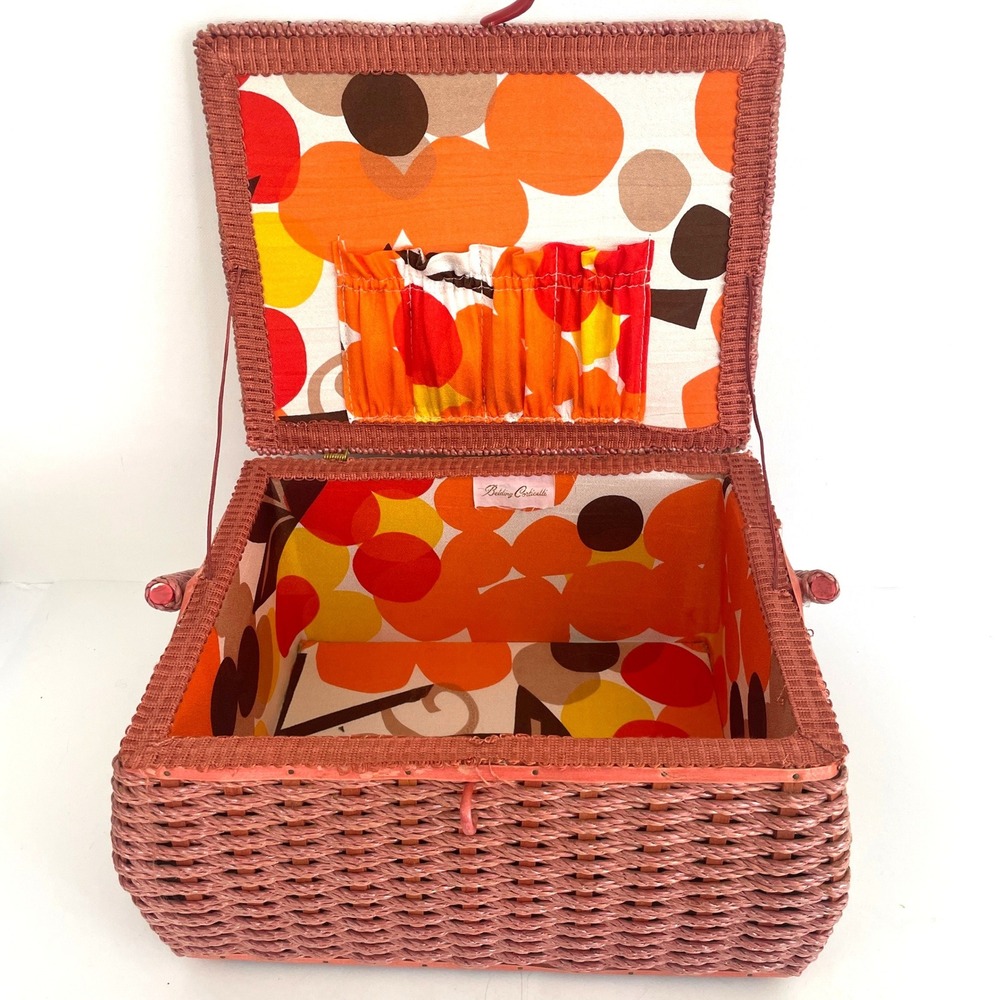 Vintage 60s 70s Pink Orange Wicker Sewing Basket Psychedelic Belding Corticelli